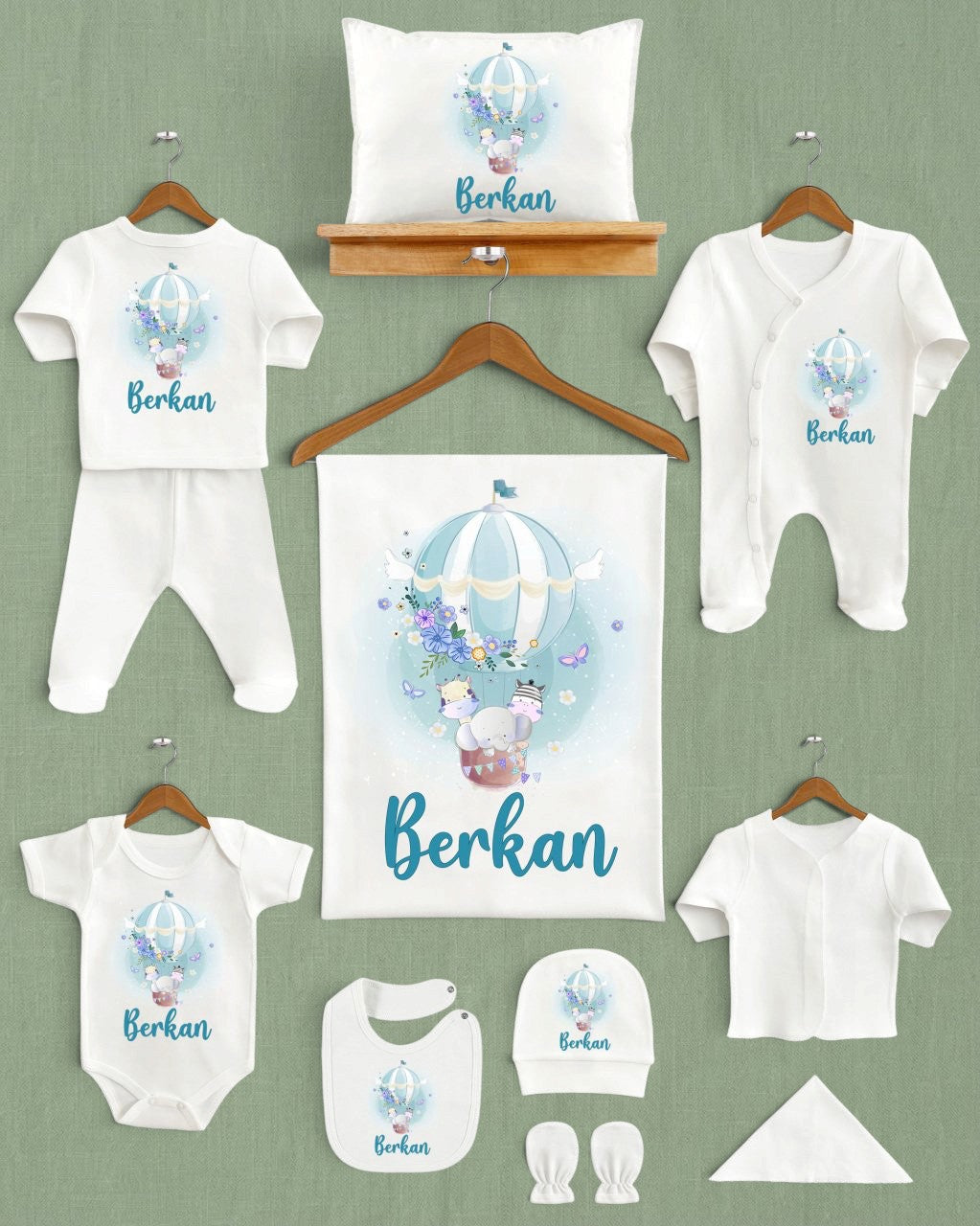 Mağazam uçan balon ve hayvan desenli, isme özel 11 parça ekru renkli organik pamuklu yenidoğan hastane çıkış seti