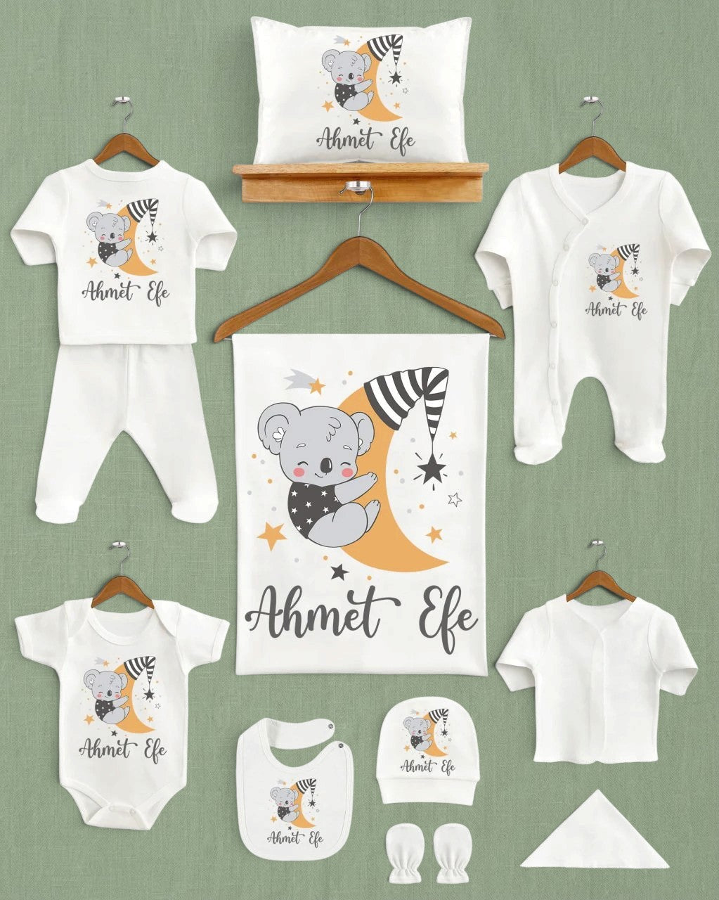 Mağazam Baby Koala tasarımlı, isme özel, ekru renkli 11'li organik pamuklu yenidoğan hastane çıkış seti