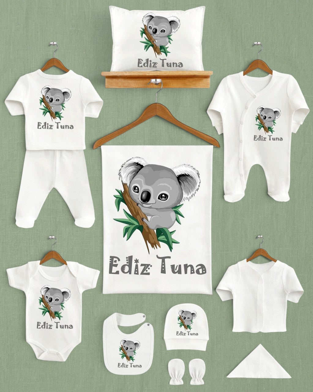 Mağazam ekru renkli, koala desenli, isme özel 11 parça organik pamuklu yenidoğan hastane çıkış seti