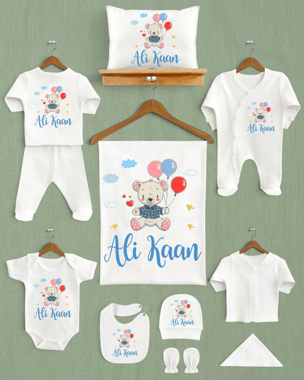 Mağazam marka ekru renkli, balon tutan ayıcık desenli ve isme özel 11 parçalı organik pamuklu yenidoğan hastane çıkışı
