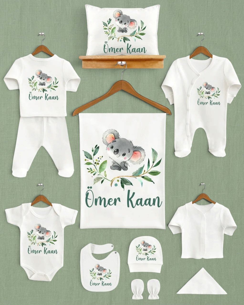 Mağazam isme özel koala desenli 11 parça ekru renkli organik pamuklu yenidoğan hastane çıkışı seti
