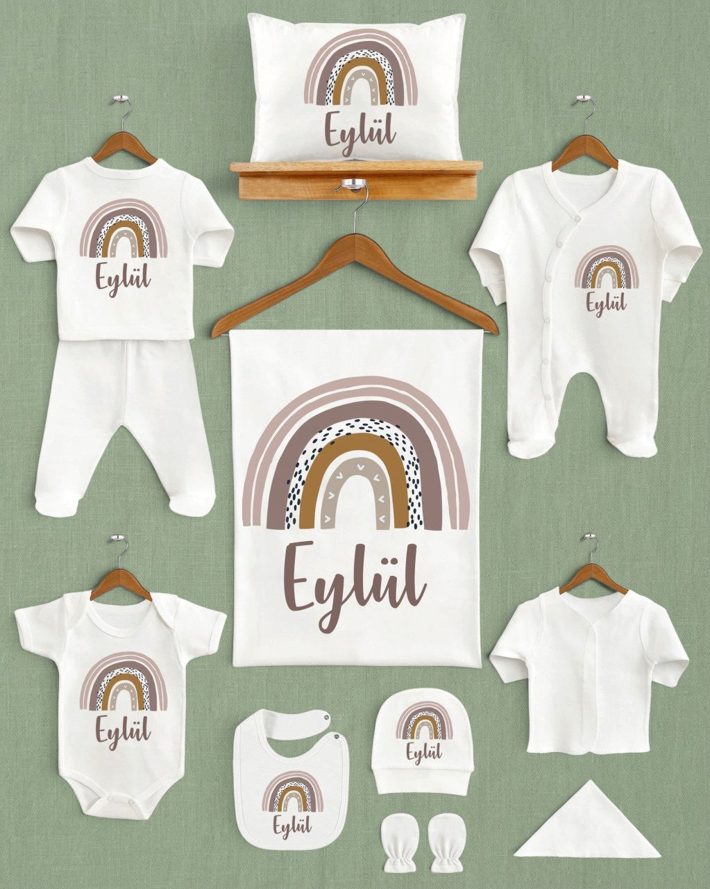 Mağazam pastel gökkuşağı desenli, isme özel 11 parça organik pamuklu yenidoğan hastane çıkışı seti