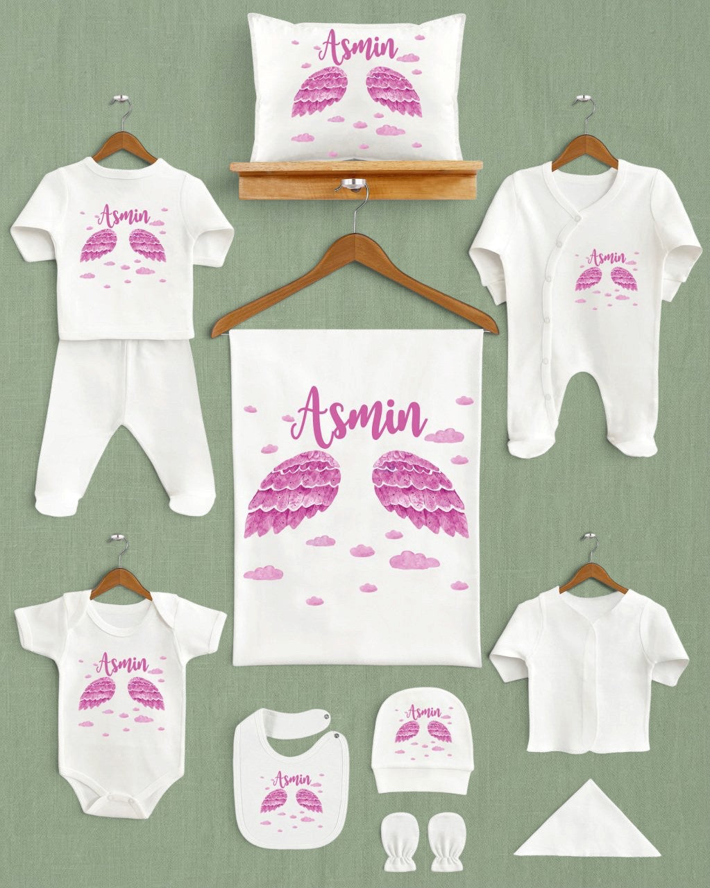 Mağazam Baby Angel tasarım 11'li ekru renkli, pembe kanat desenli, kişiselleştirilebilir organik pamuk hastane çıkışı