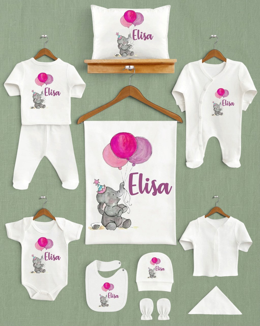 Mağazam ekru renkli, fil ve balon desenli, isme özel 11 parça organik pamuklu yenidoğan hastane çıkış seti
