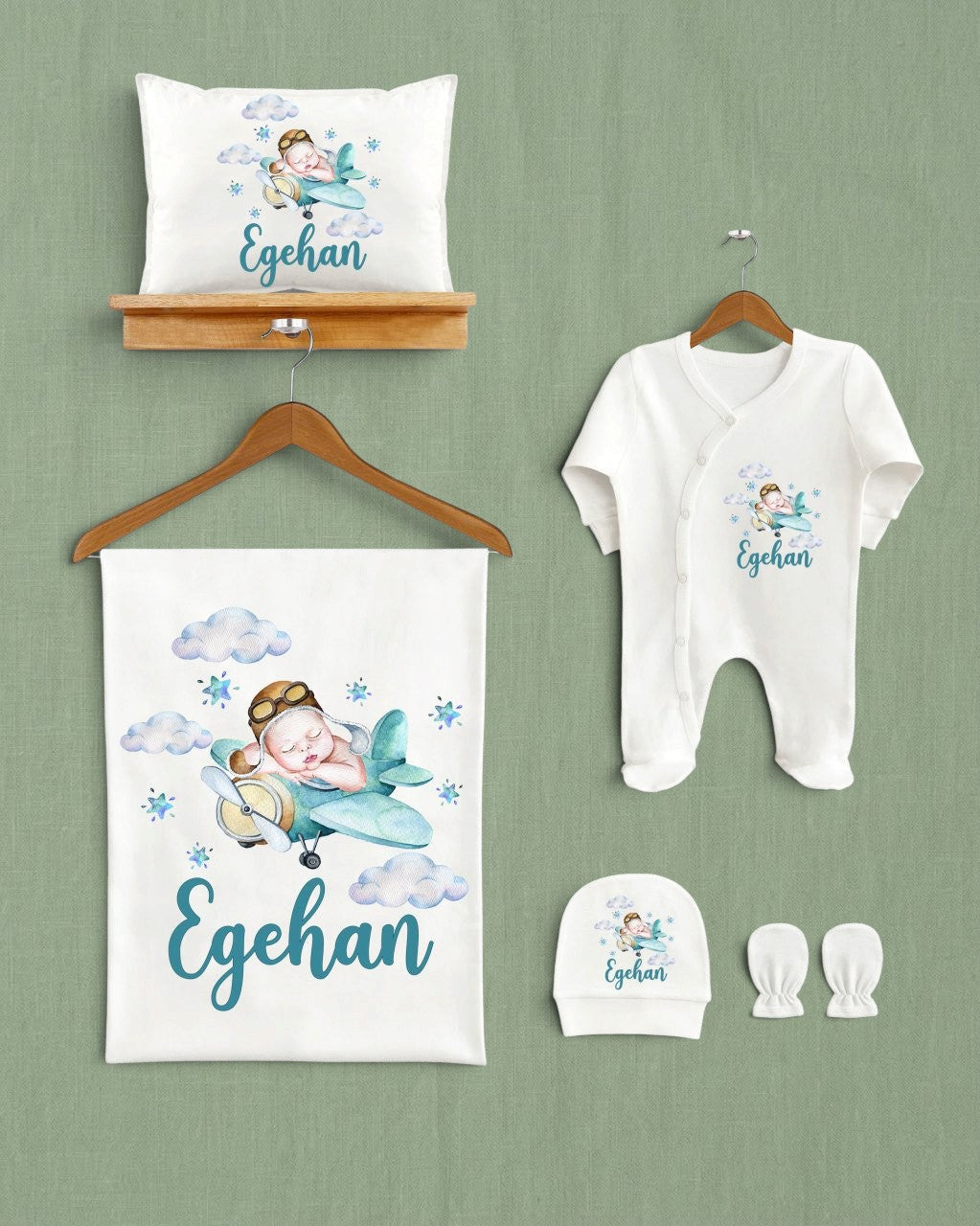 Mağazam uçak temalı, Egehan isimli, %100 organik pamuklu 5'li bebek hastane çıkış seti