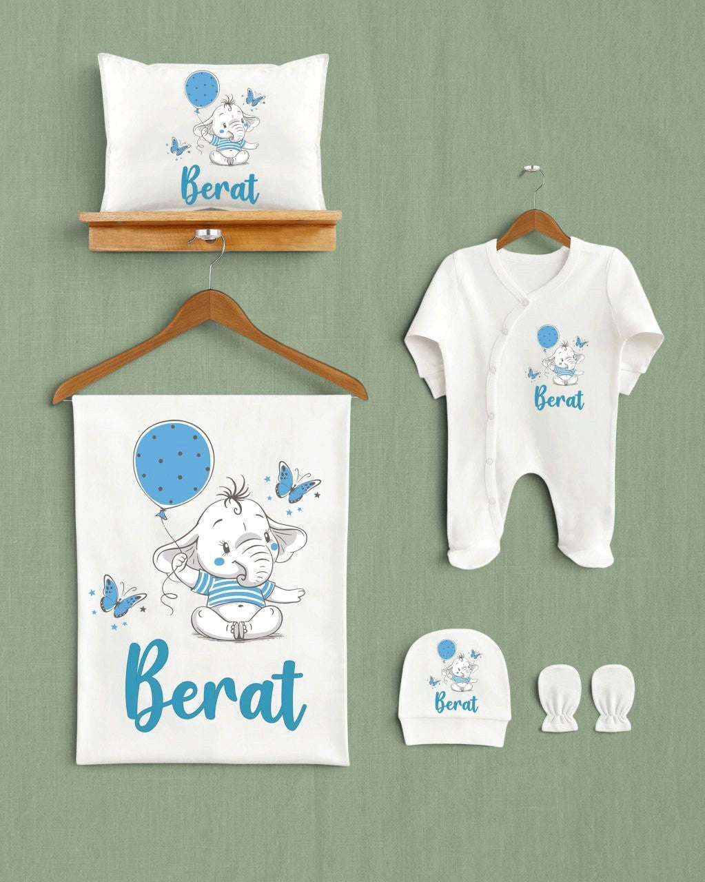 Mağazam balon tutan sevimli fil desenli, %100 organik pamuklu 5'li bebek hastane çıkış seti
