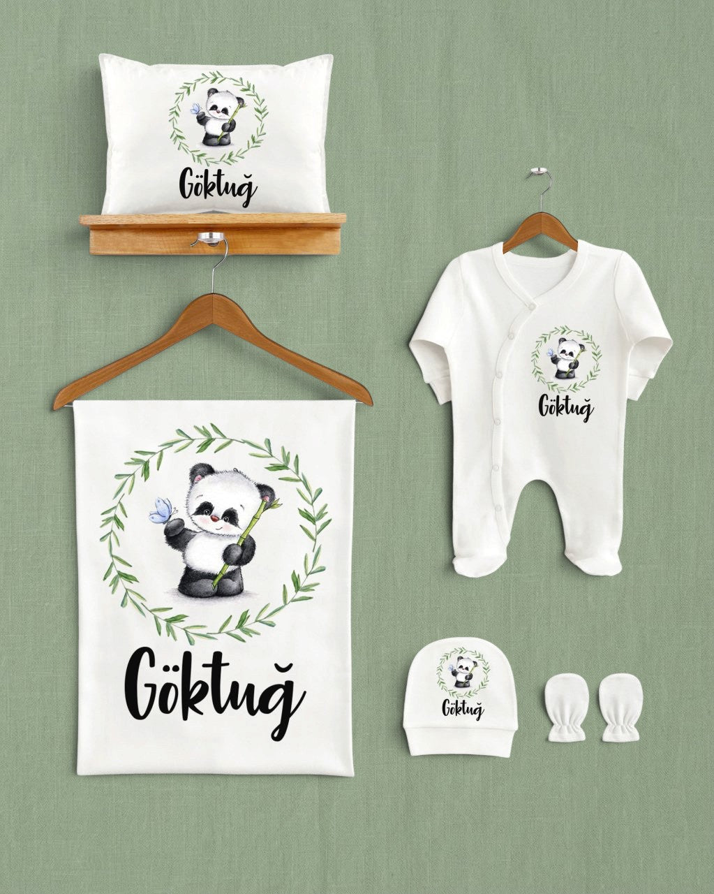 Mağazam panda desenli, kişiselleştirilebilir isim baskılı 5'li organik pamuk bebek hastane çıkış seti