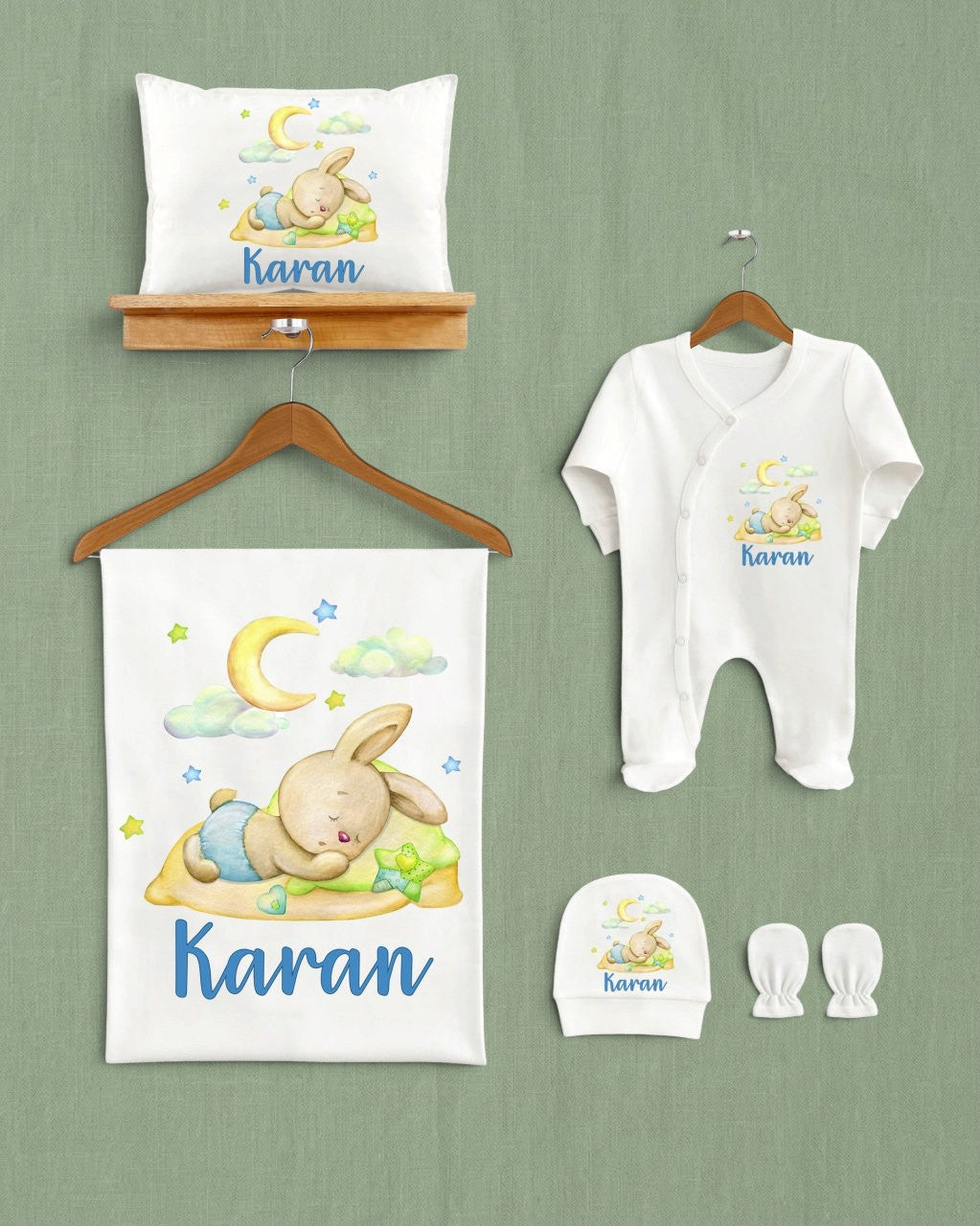 Mağazam sevimli tavşan desenli 5'li organik pamuklu bebek hastane çıkışı seti, battaniye, tulum, şapka ve eldiven.