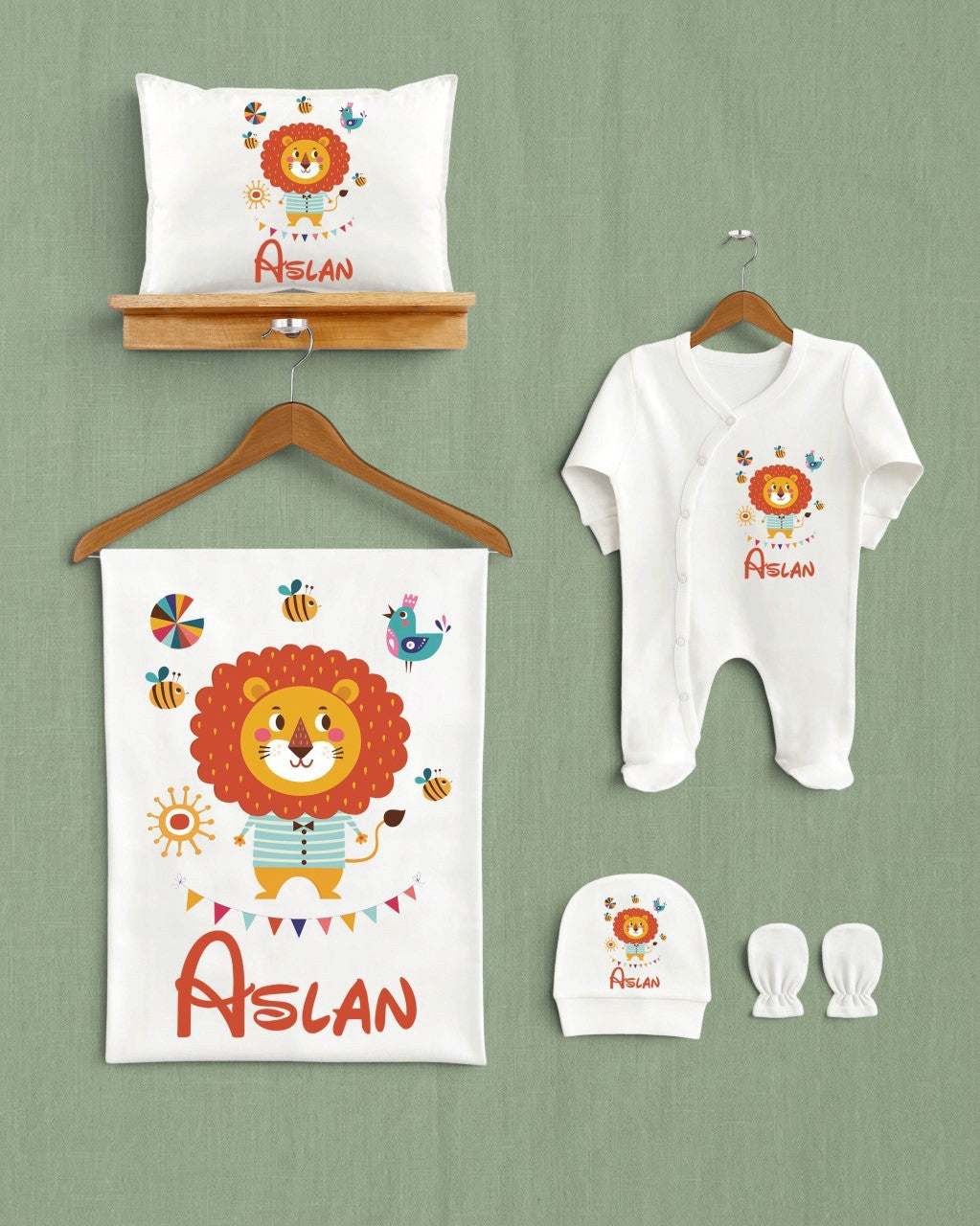 Mağazam sevimli aslan desenli, %100 organik pamuklu 5'li bebek hastane çıkış seti