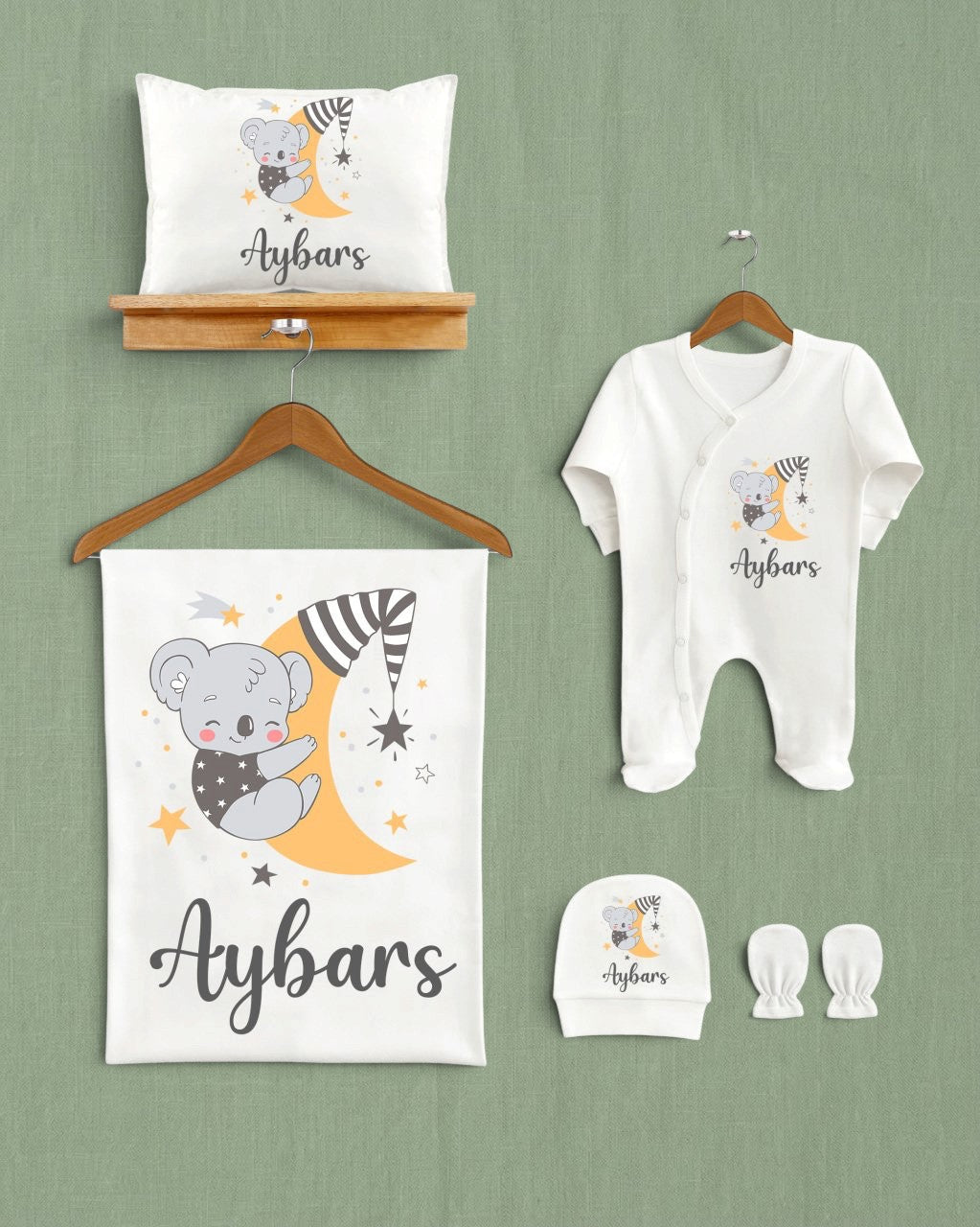 Mağazam sevimli koala desenli, Aybars isimli, %100 organik pamuklu 5'li bebek hastane çıkış seti.