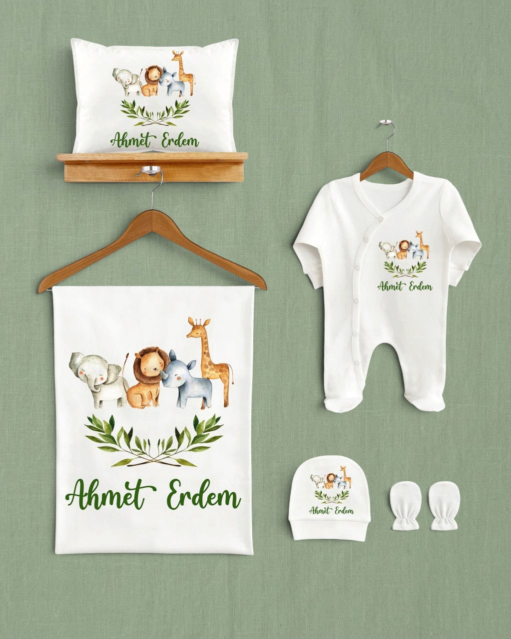 Mağazam yeşil yapraklı ve sevimli hayvan desenli, kişiselleştirilebilir 5'li organik pamuk bebek hastane çıkış seti