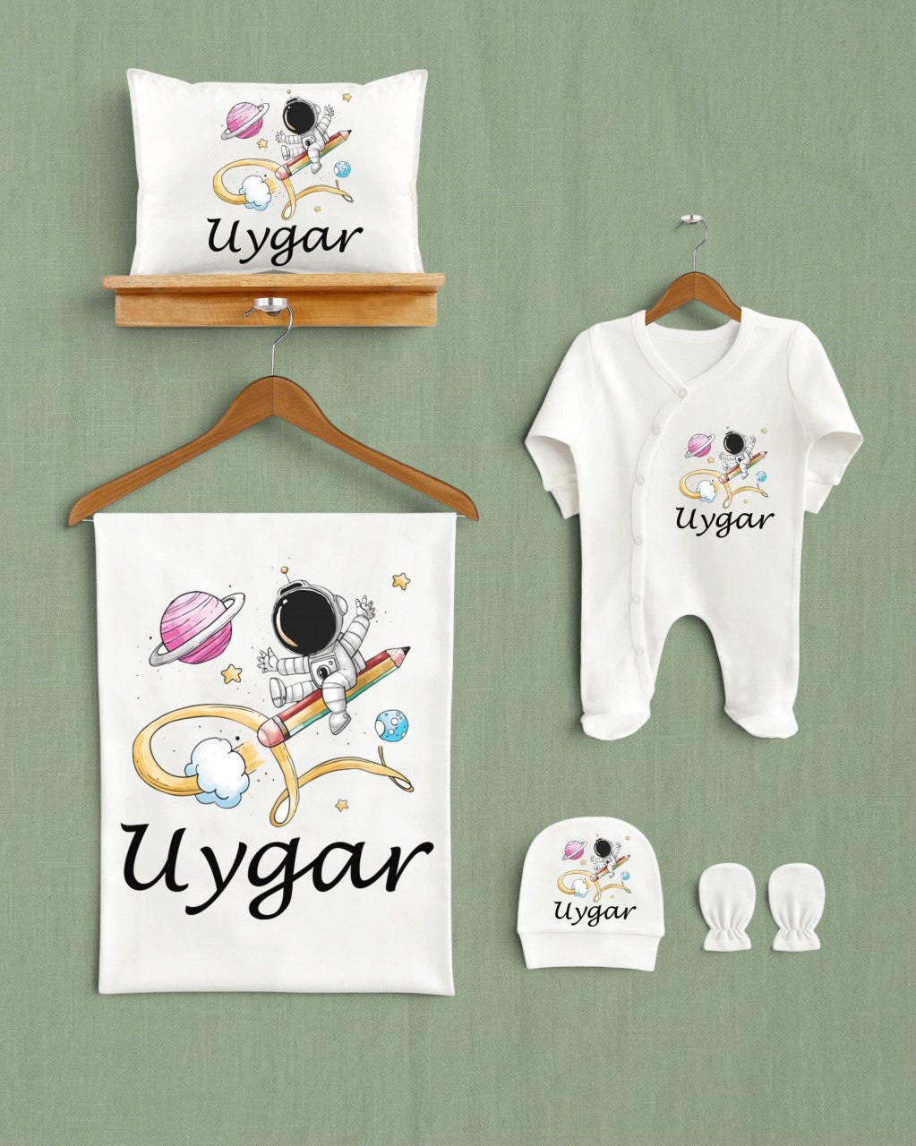 Mağazam astronot temalı, Uygar isimli, %100 organik pamuklu 5'li bebek hastane çıkış seti