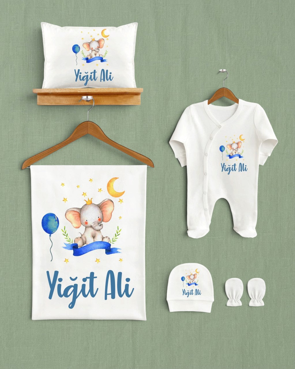 Mağazam sevimli fil desenli, kişiye özel isimli 5'li organik pamuk bebek hastane çıkış seti