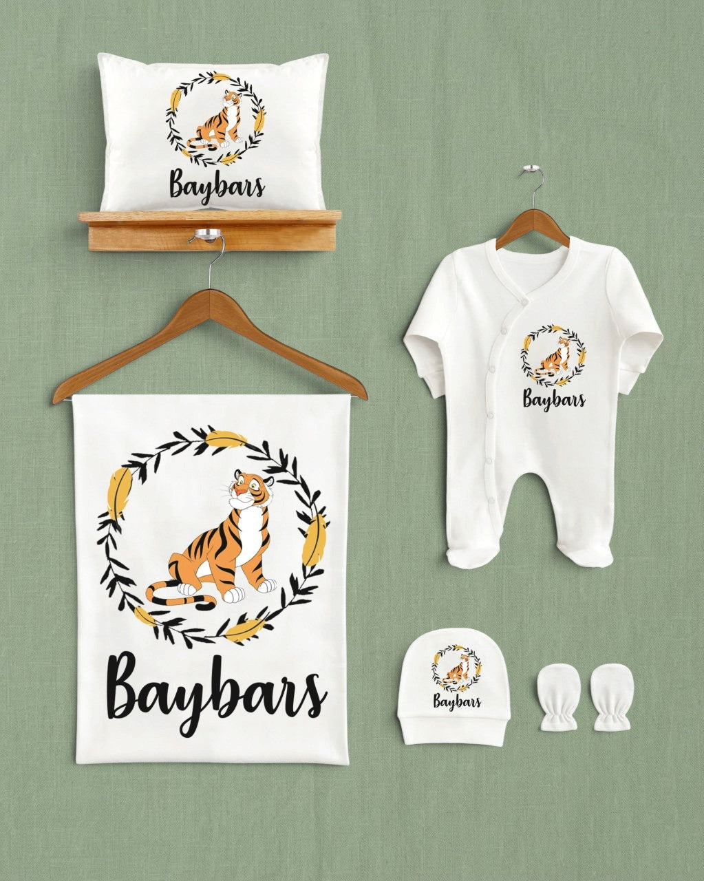 Mağazam kaplan desenli, organik pamuklu, 5 parçalı beyaz bebek hastane çıkış seti