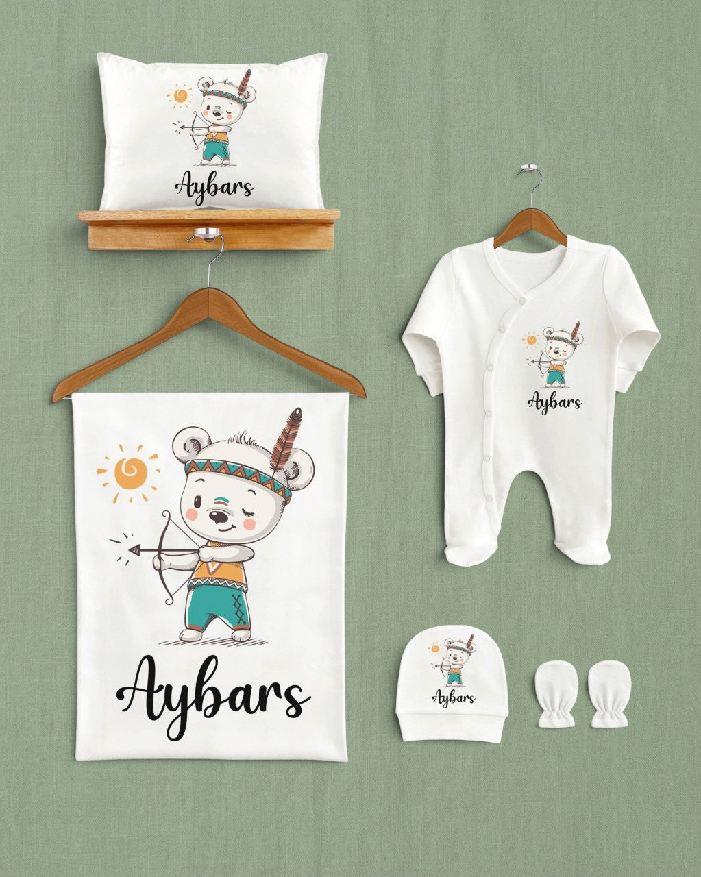 Mağazam 5'li organik pamuklu bebek hastane çıkışı seti, sevimli ok atan ayıcık desenli tulum, battaniye ve şapka.