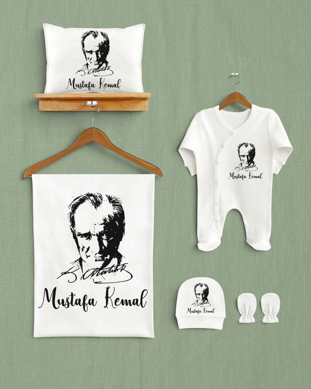 Mağazam Atatürk baskılı 5'li organik pamuklu bebek hastane çıkış seti, beyaz tulum, battaniye, şapka ve eldiven.