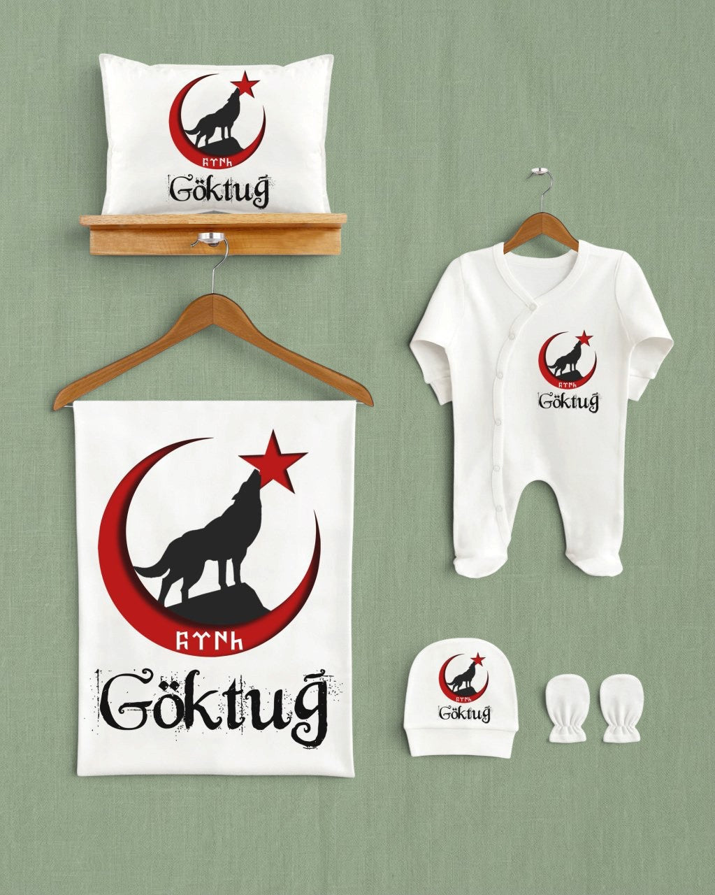 Mağazam ay yıldızlı kurt desenli, %100 organik pamuklu 5'li bebek hastane çıkış seti