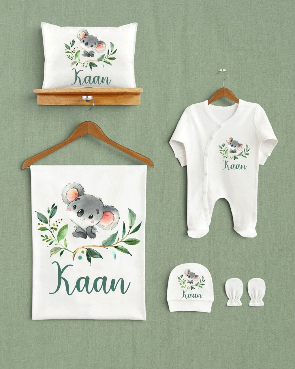 Mağazam koala desenli, %100 organik pamuklu 5'li bebek hastane çıkış seti, battaniye, tulum, şapka ve eldiven.