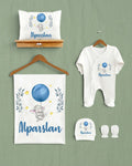 Mağazam mavi balon tutan fil desenli, kişiye özel isimli 5'li organik pamuklu bebek hastane çıkış seti