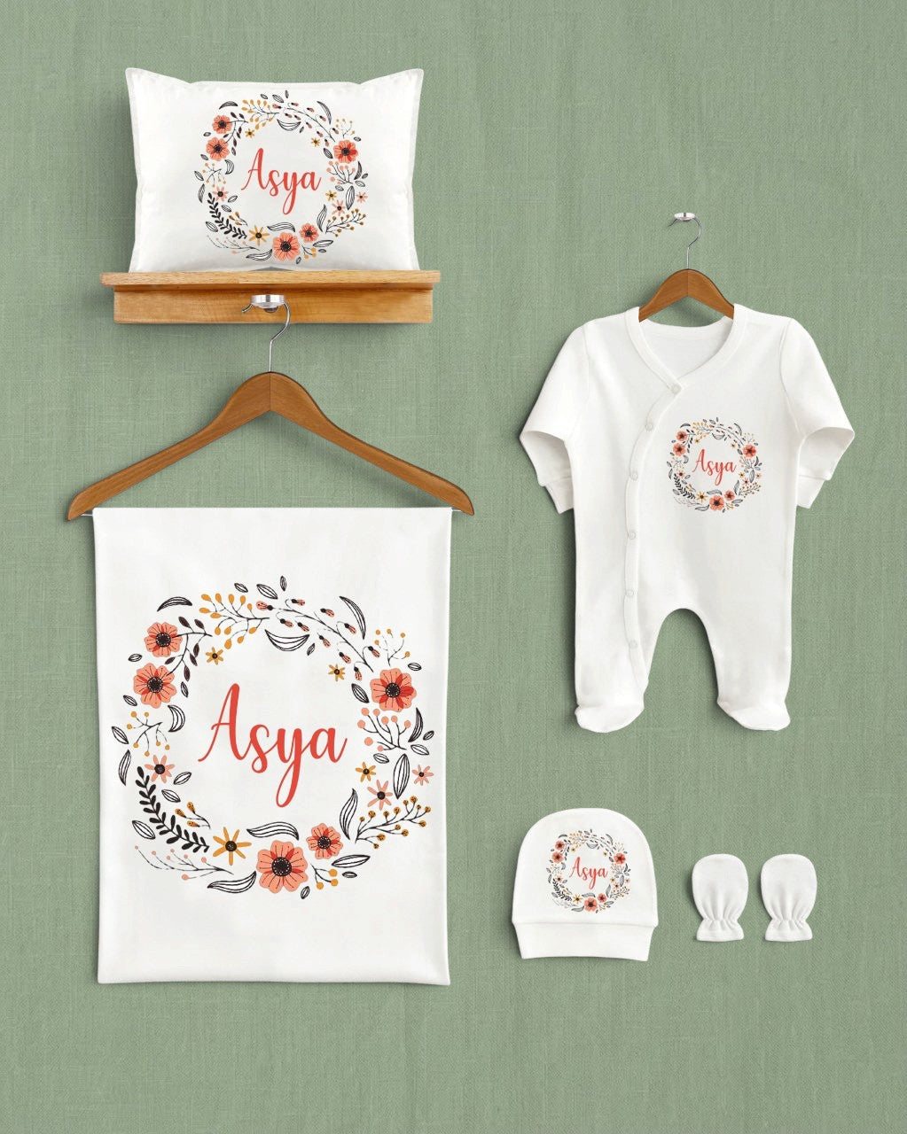 Mağazam çiçek çelenk desenli, Asya isimli, %100 organik pamuklu 5'li bebek hastane çıkış seti