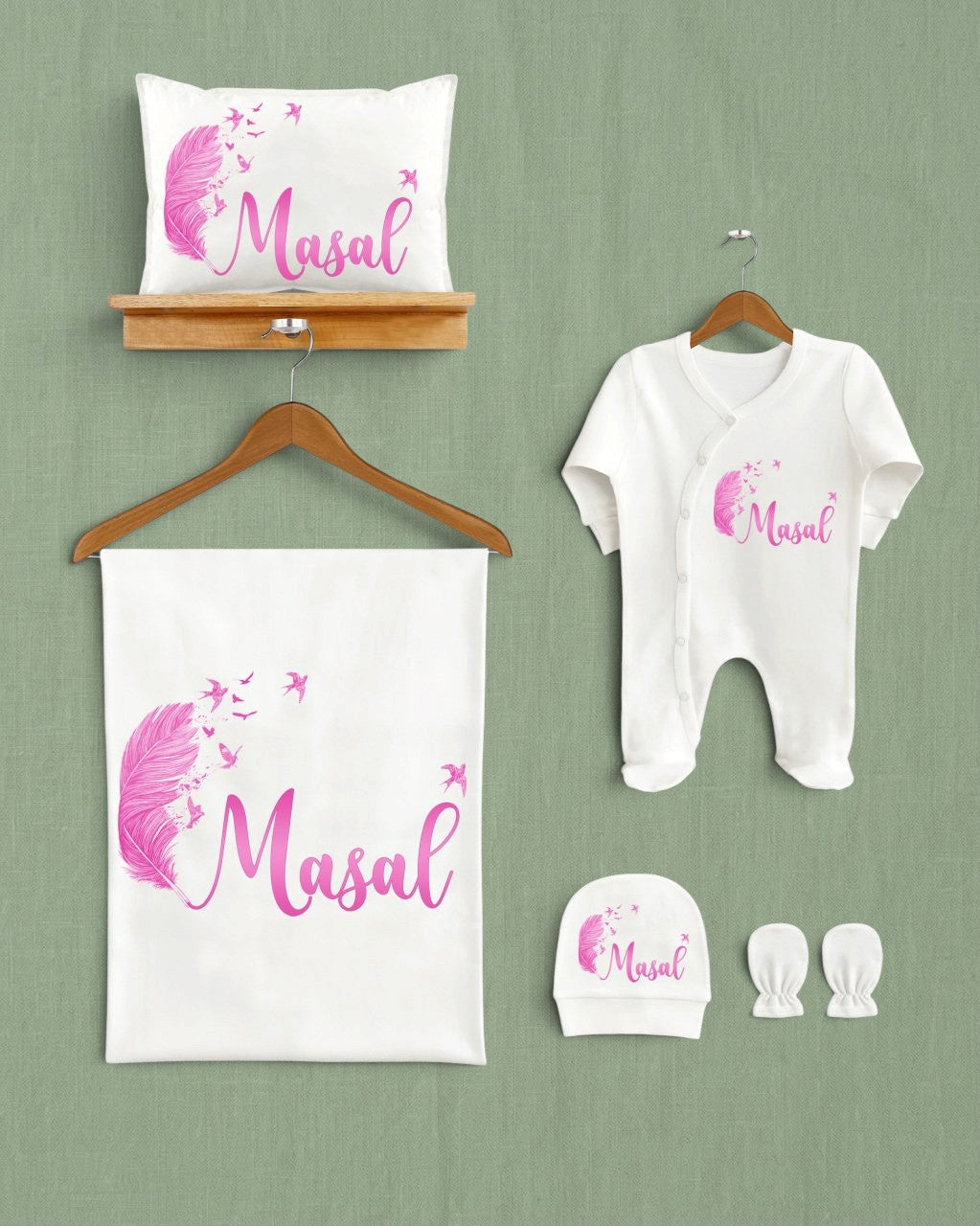 Mağazam tüy desenli pembe baskılı 5'li organik pamuklu bebek hastane çıkış seti