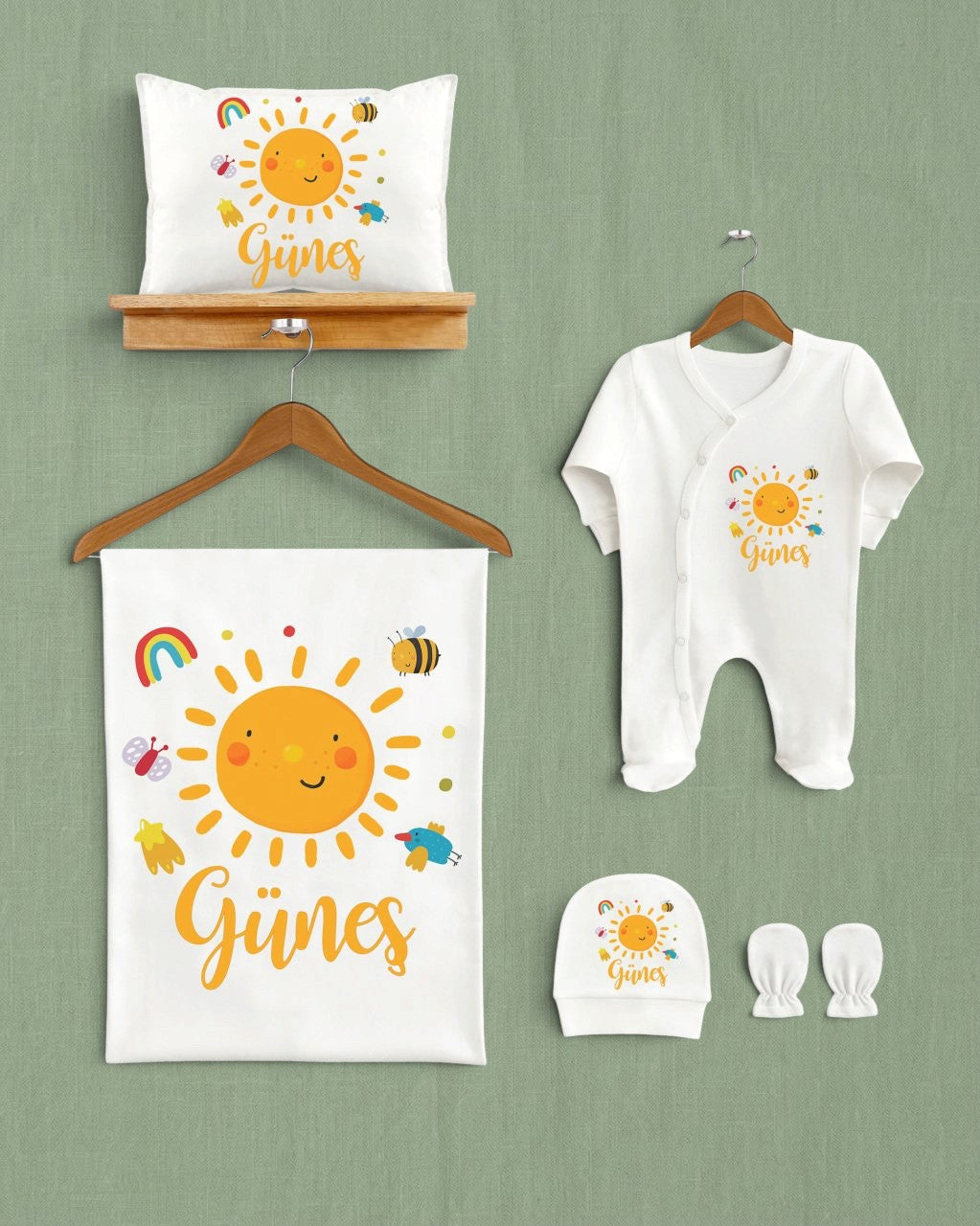 Mağazam güneş desenli 5'li organik pamuklu bebek hastane çıkış seti, battaniye, tulum, şapka ve eldiven içerir.