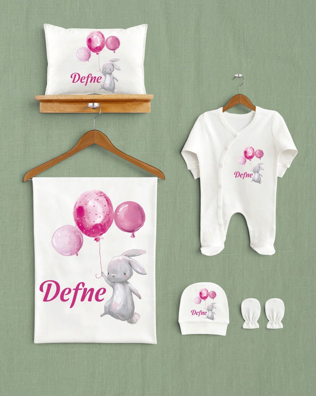Mağazam balon tutan tavşan desenli, pembe detaylı 5'li organik pamuklu bebek hastane çıkış seti