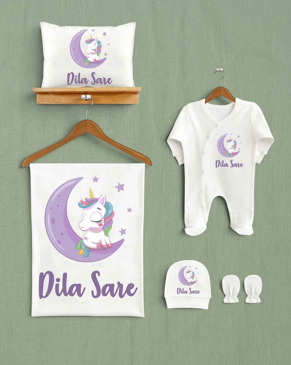 Mağazam ay üzerinde unicorn desenli, Dila Sare isimli 5'li organik pamuklu bebek hastane çıkış seti