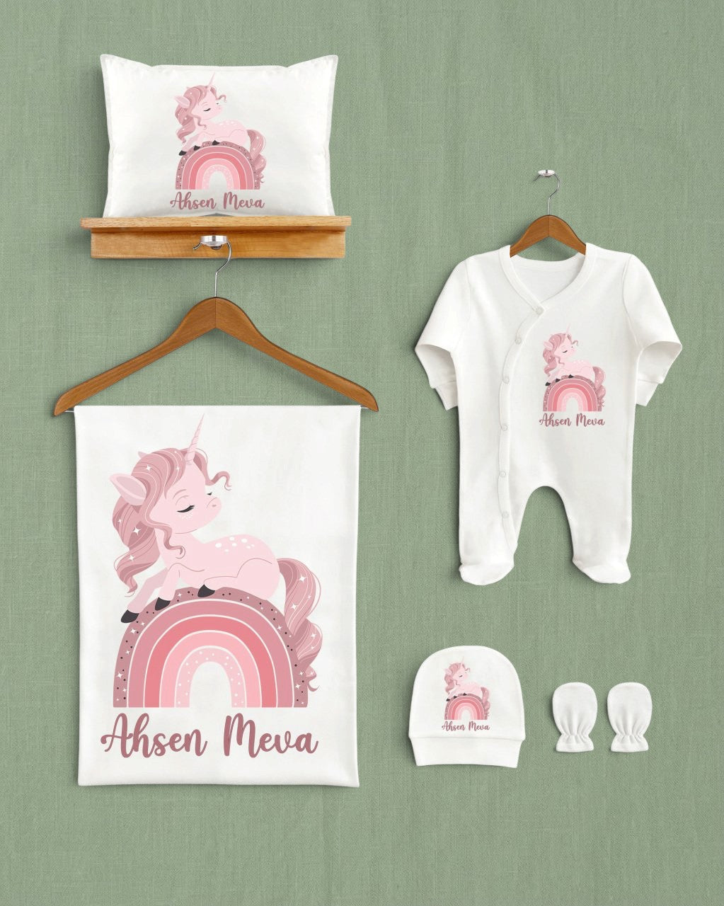 Mağazam gökkuşağı ve unicorn desenli, %100 organik pamuklu 5'li bebek hastane çıkış seti