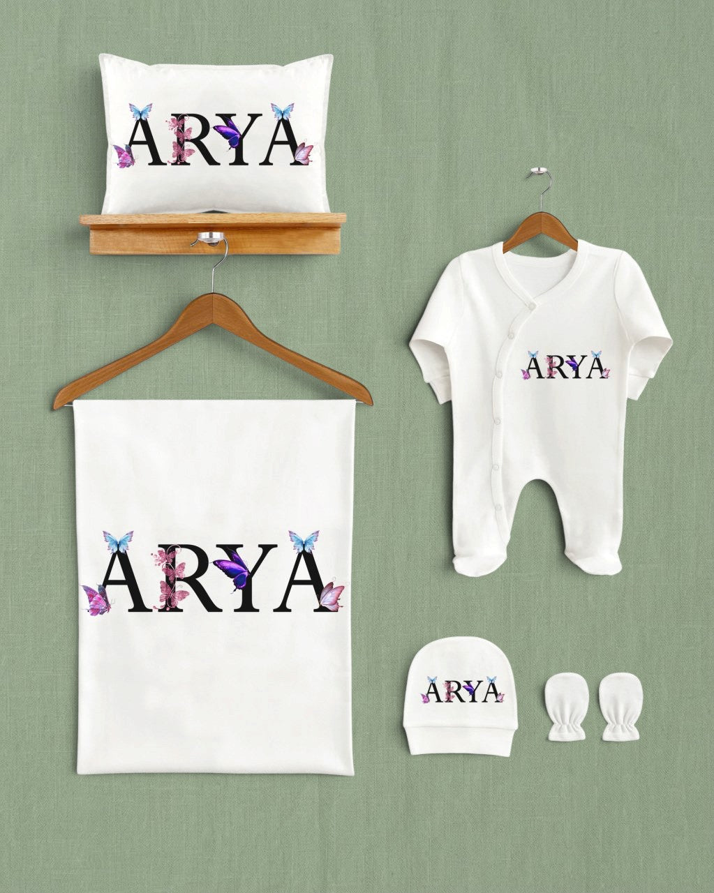 Mağazam kelebekli ve Arya isimli 5'li organik pamuklu bebek hastane çıkış seti