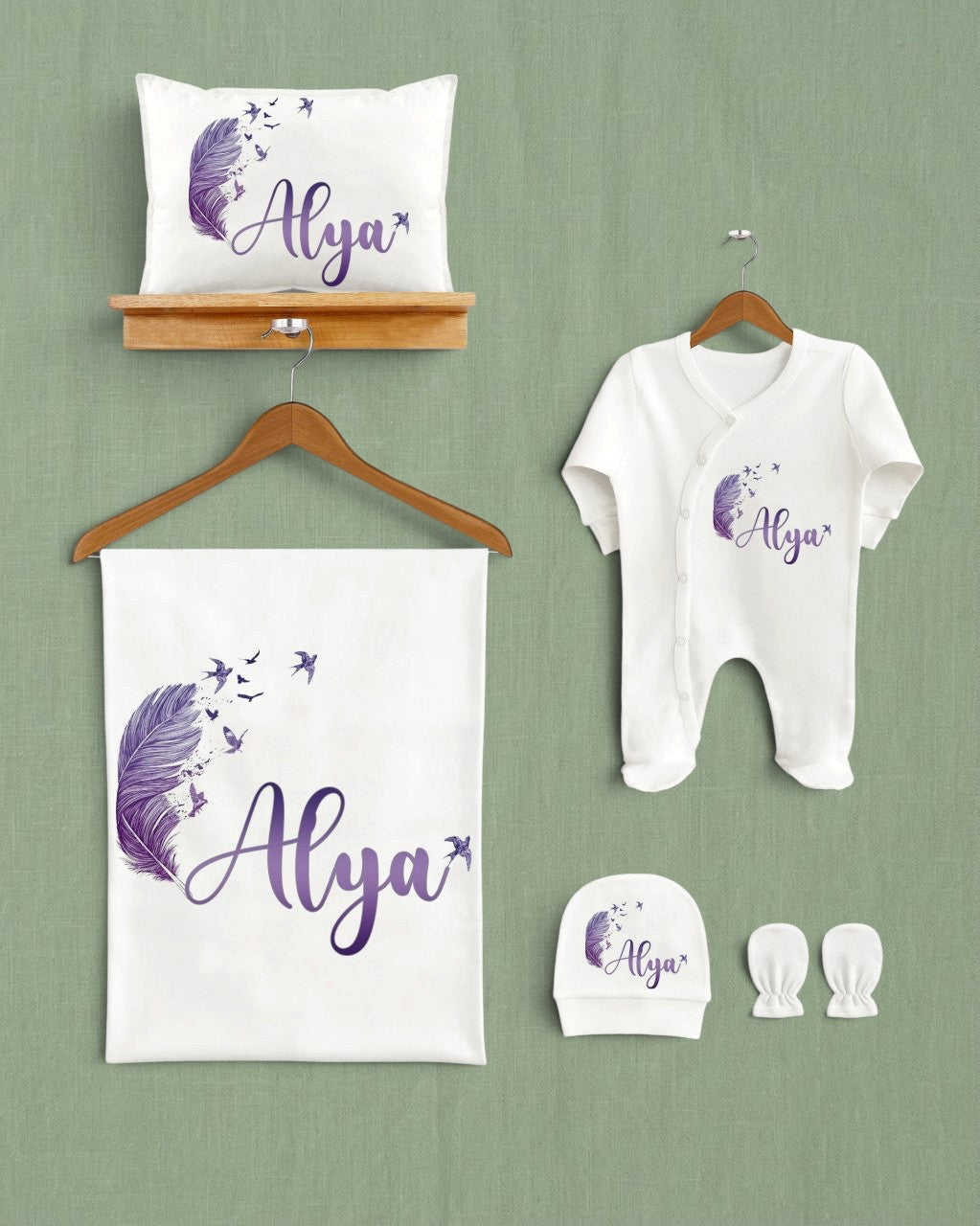 Mağazam tüy desenli, Alya isimli, beyaz organik pamuklu 5'li bebek hastane çıkış seti