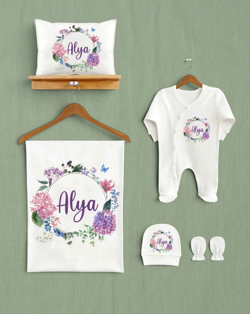 Mağazam çiçek çelenk desenli, Alya isimli, %100 organik pamuklu 5'li bebek hastane çıkış seti