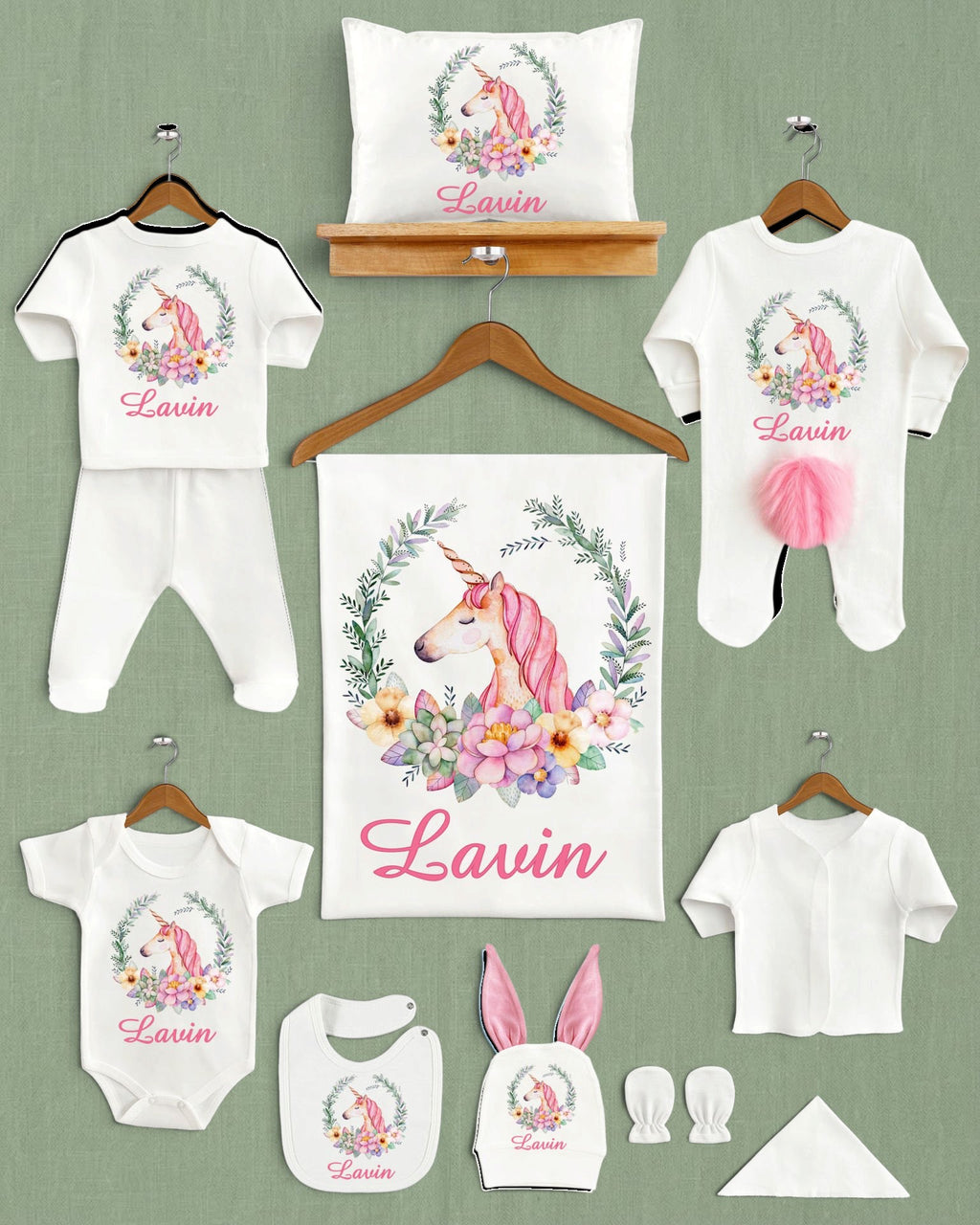 Unicorn Tasarımı Ponponlu Tavşan Kulaklı 11'li Organik Hastane Çıkışı