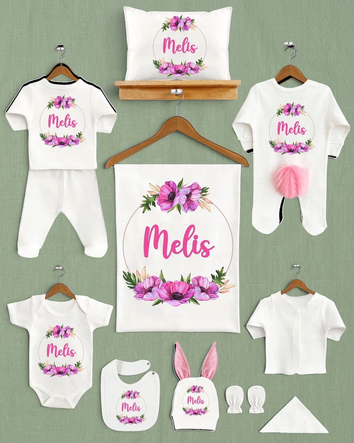 Soft Pembe Çiçekli Tasarım Ponponlu Tavşan Kulaklı 11'li Organik Hastane Çıkışı